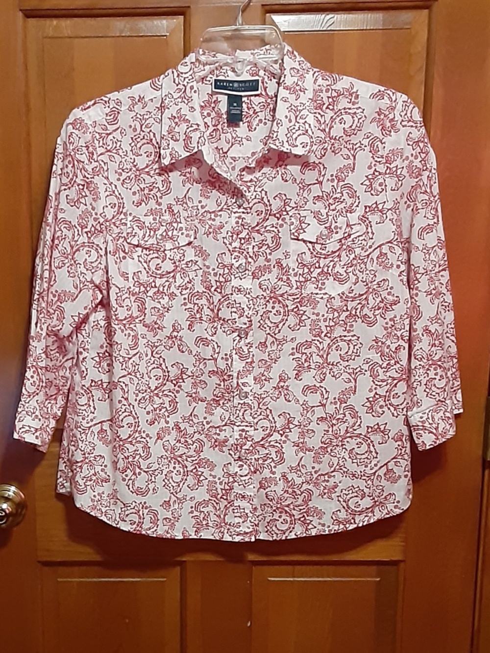 Karen Scott Petites Red and White Button Down Top